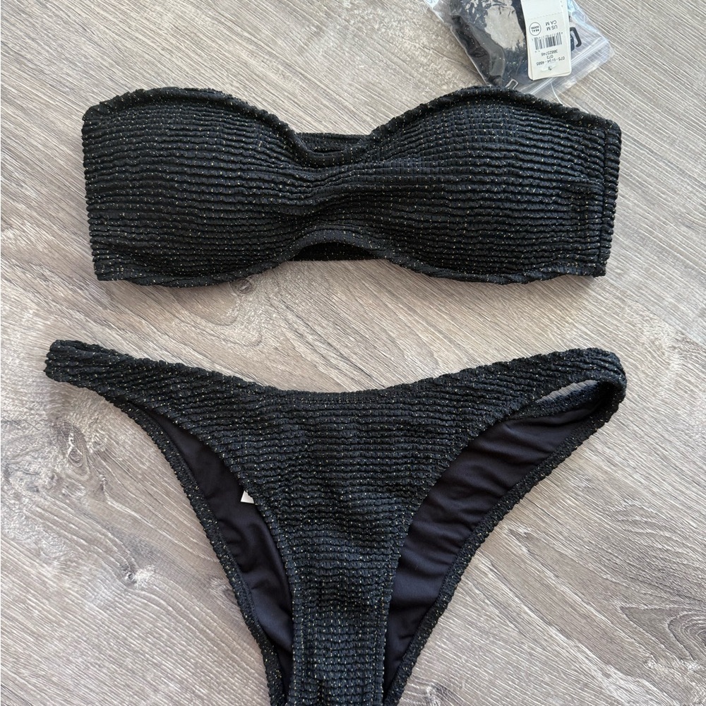 Aerie Black and Gold Textured Bandeau top and low rise medium bottoms NWT